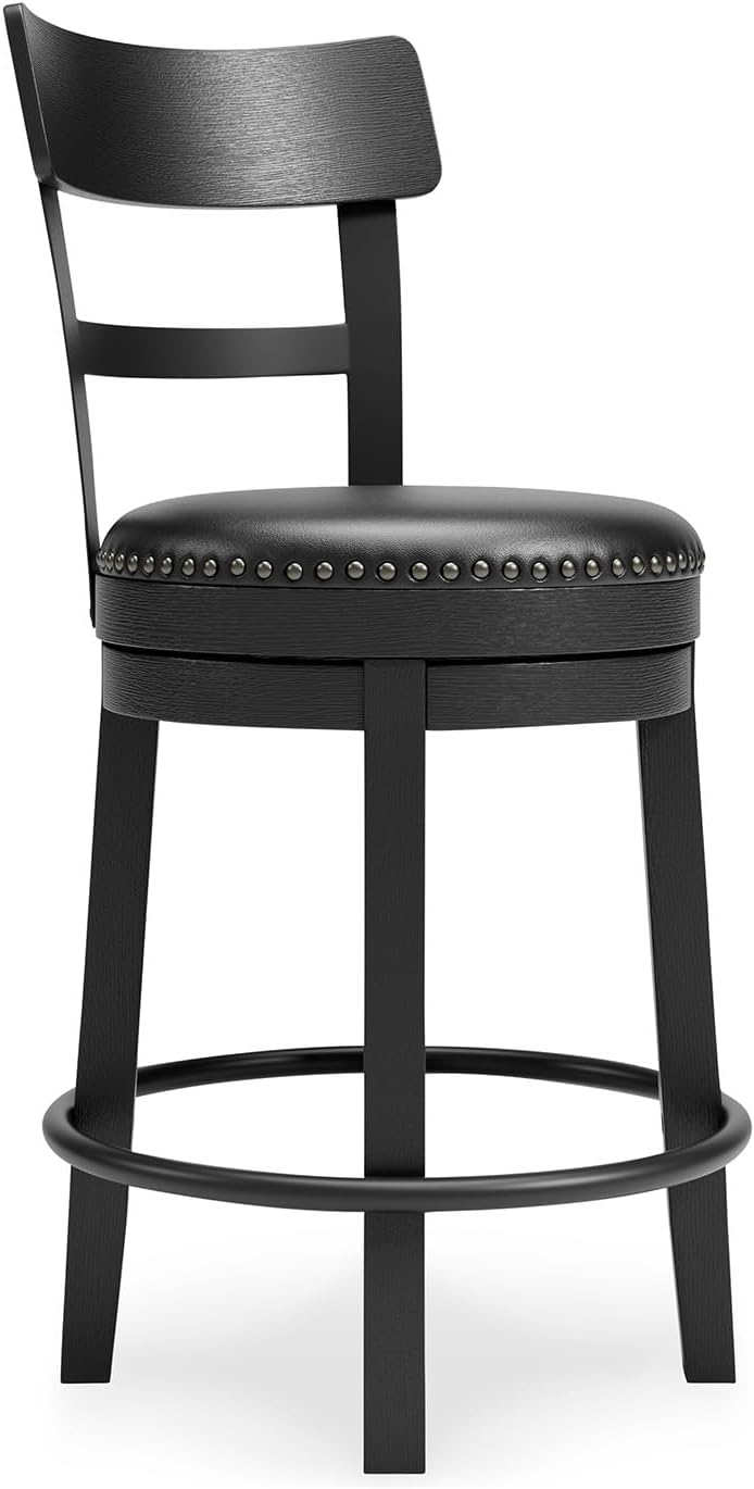 Signature Design by Ashley Valebeck Faux Leather Upholstered Swivel Barstool, Nailhead Trim, Solid Wood, 16.75 W x 19.75 D x 37.25 H, Antique Black